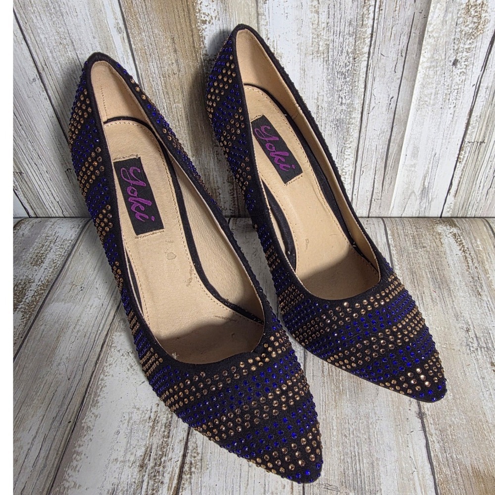 Yoki Womens Black Blue Gold Rhinestone Pointed Toe Stiletto Pumps Size 8